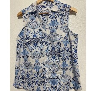 Croft & Barrow Women's Sleeveless Top White Blue Patterned Blouse Large